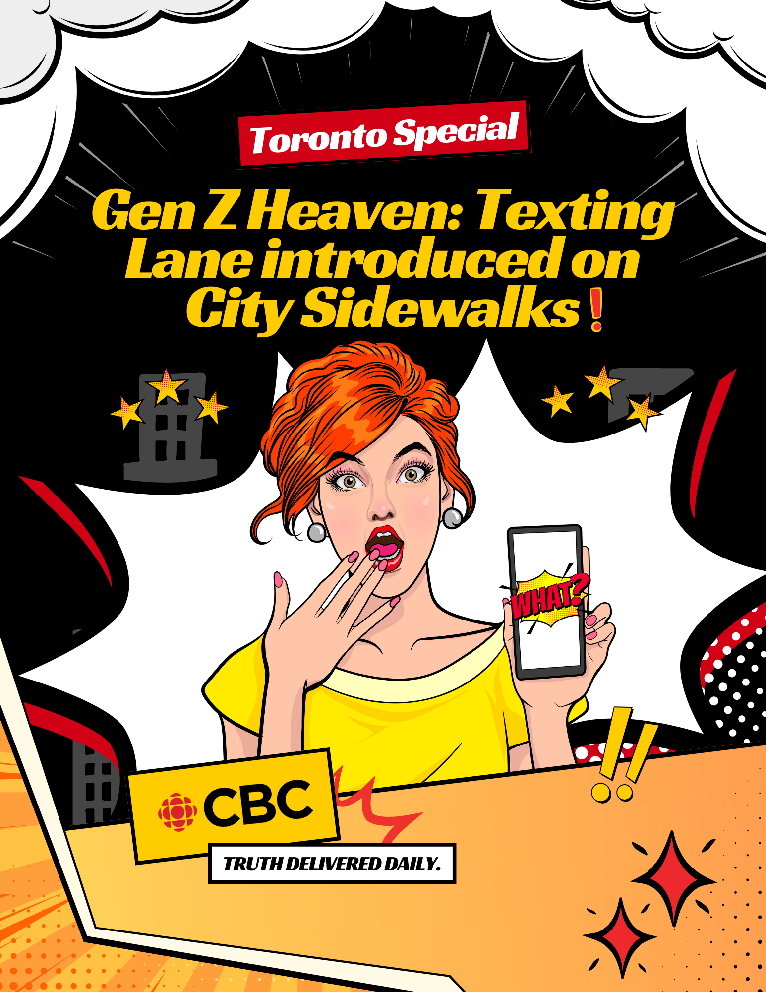 Graphic novel-style CBC poster about a texting lane introduced on city sidewalks
