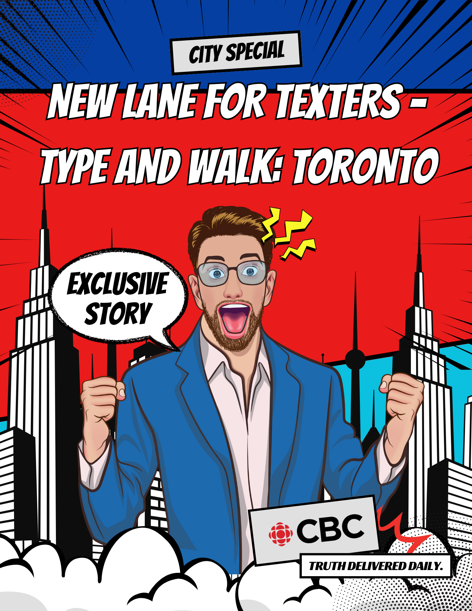 Graphic novel-style CBC poster reading New Lane for Texters — Type and Walk Toronto