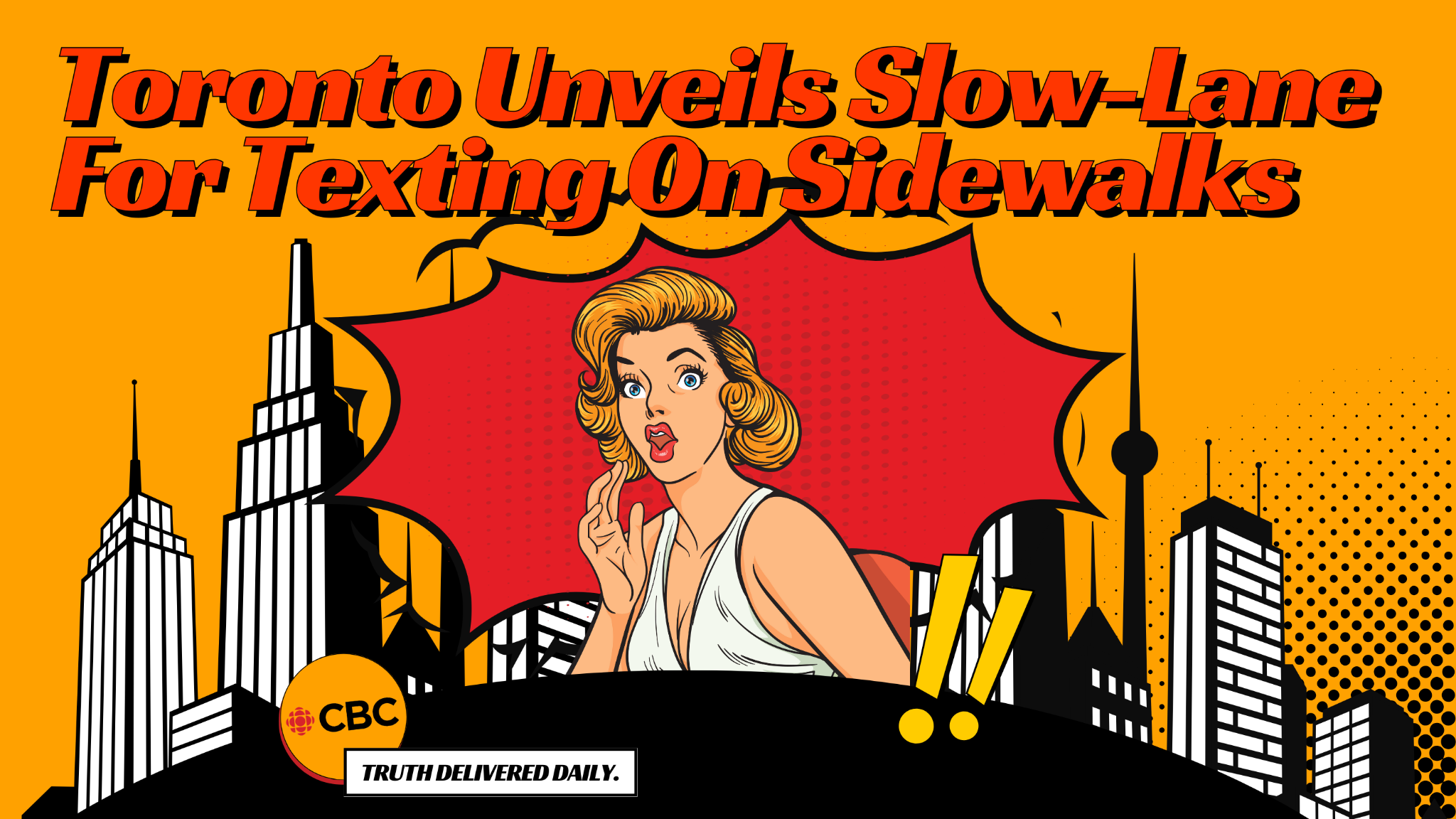 Graphic novel-style CBC poster about Toronto unveiling a slow lane for texting on sidewalks