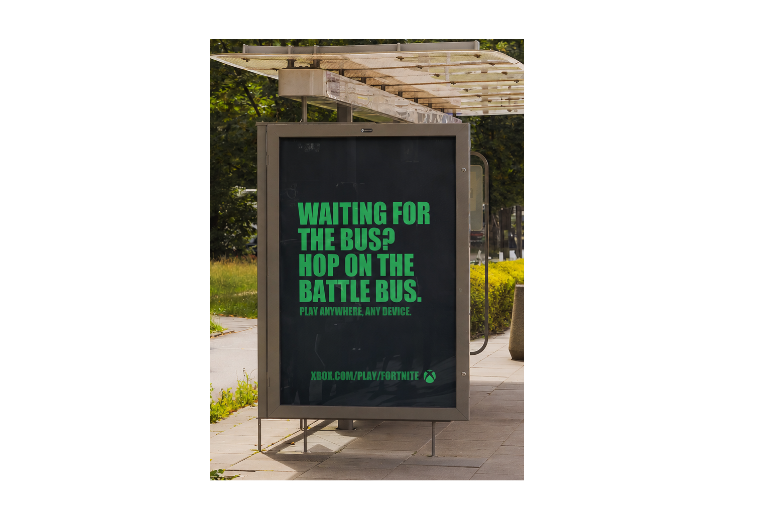 Xbox Cloud Gaming Fortnite Battle Bus transit shelter poster